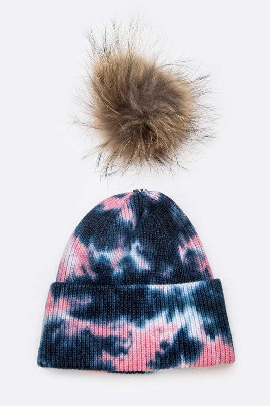 Tie Dyed Natural Raccoon Fur Pom Beanie