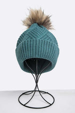 Raised Knit Raccoon Fur Pom Beanie