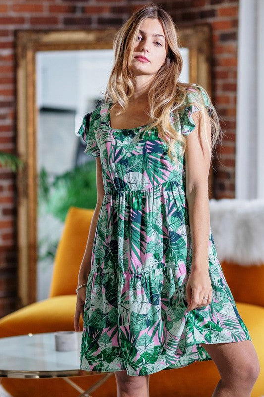 Tropical Flutter Sleeve Tiered Midi Dress