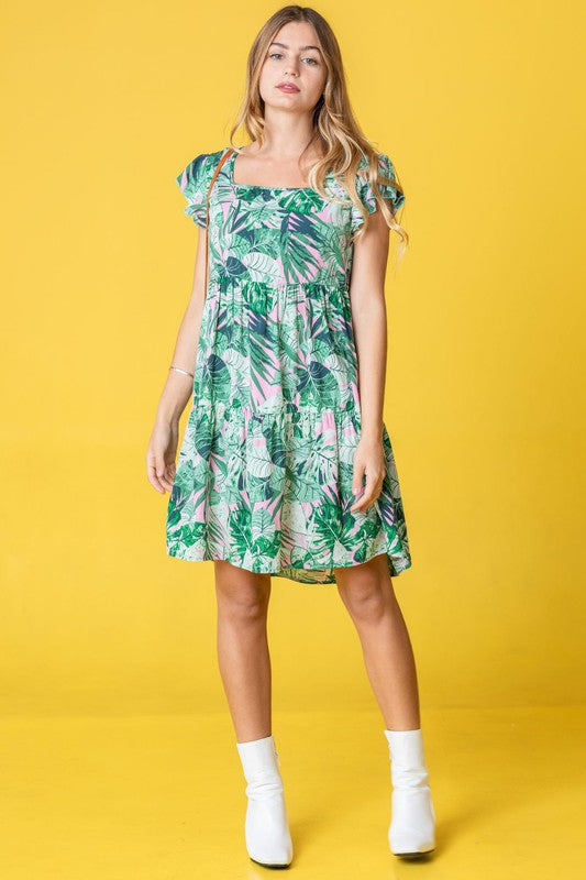 Tropical Flutter Sleeve Tiered Midi Dress