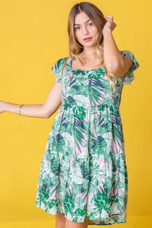 Tropical Flutter Sleeve Tiered Midi Dress