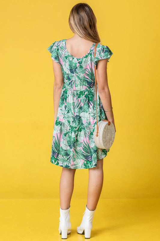 Tropical Flutter Sleeve Tiered Midi Dress