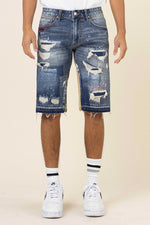 First Row Multi Camo Paneled Released Hem Denim Shorts