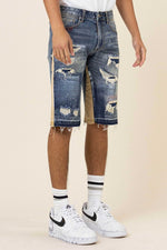 First Row Multi Camo Paneled Released Hem Denim Shorts