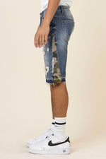 First Row Multi Camo Paneled Released Hem Denim Shorts