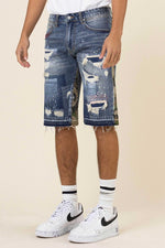 First Row Multi Camo Paneled Released Hem Denim Shorts