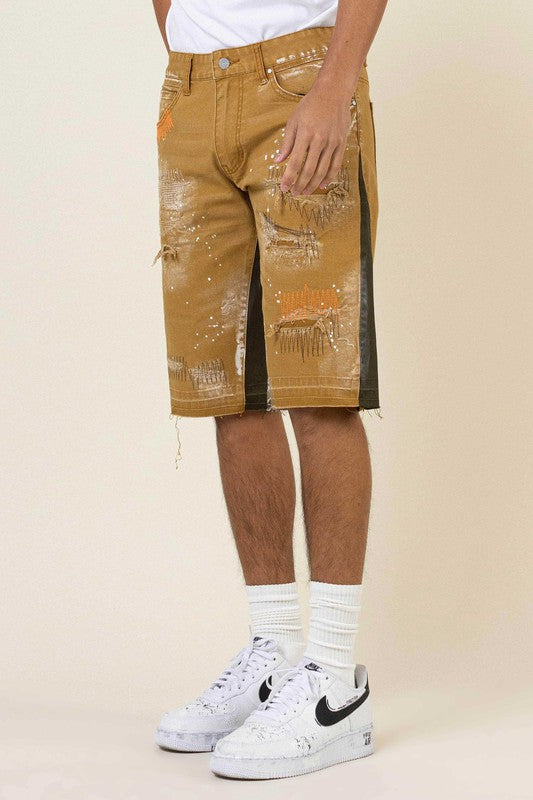 First Row Multi Camo Paneled Released Hem Denim Shorts