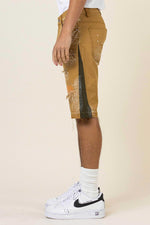 First Row Multi Camo Paneled Released Hem Denim Shorts