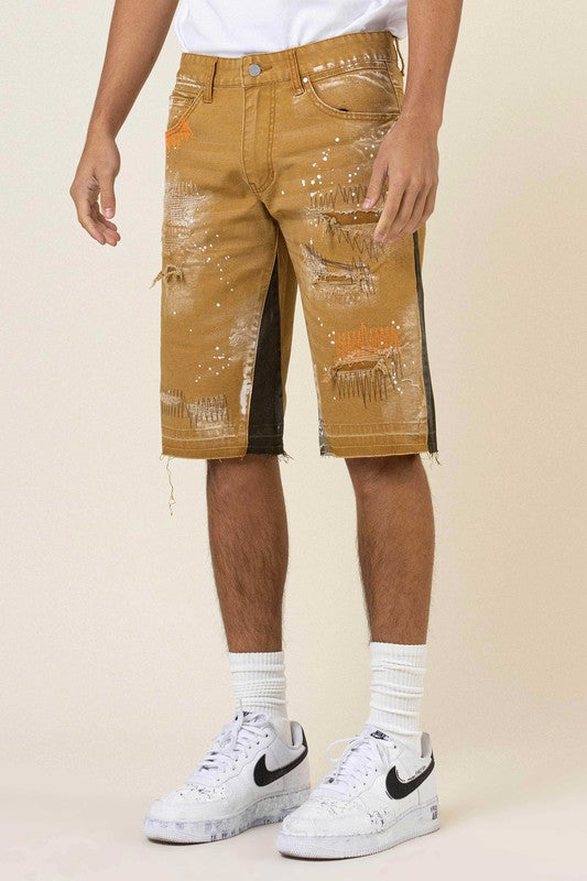 First Row Multi Camo Paneled Released Hem Denim Shorts