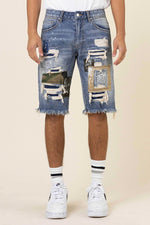 First Row Camo & Twill Patched Rip 7 Repaired Denim Shorts