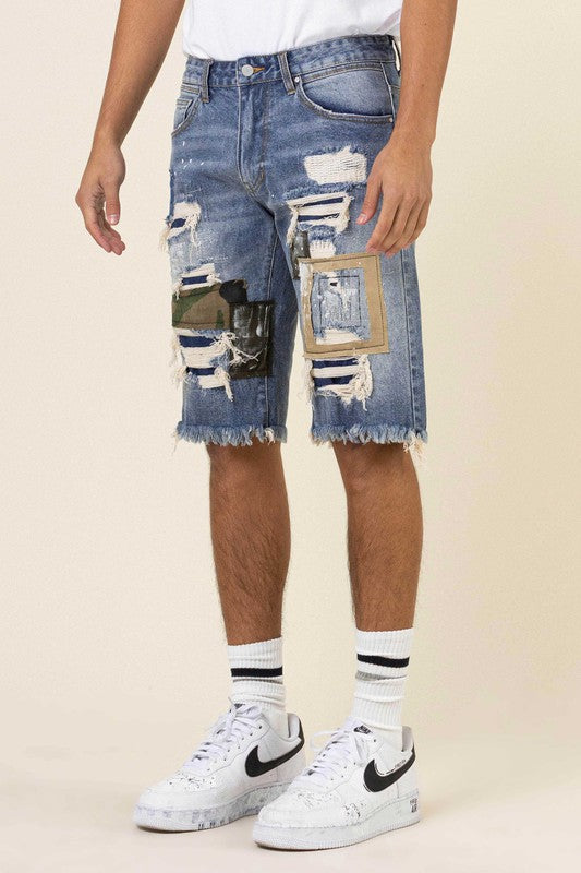 First Row Camo & Twill Patched Rip 7 Repaired Denim Shorts