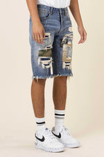 First Row Camo & Twill Patched Rip 7 Repaired Denim Shorts