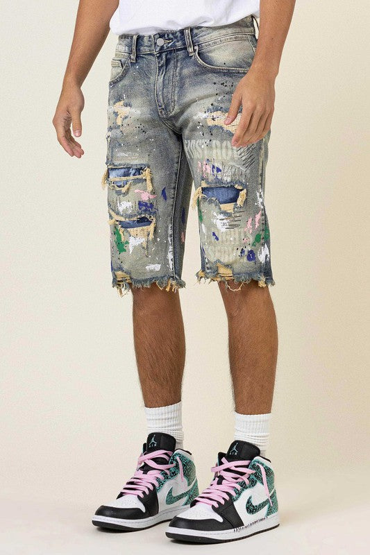 First Row Hand Paint & Logo Print Rip 7 Repair Denim Shorts