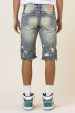 First Row Hand Paint & Logo Print Rip 7 Repair Denim Shorts