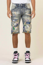 First Row Hand Paint & Logo Print Rip 7 Repair Denim Shorts