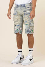 First Row Hand Painted Multi Cargo Denim Shorts