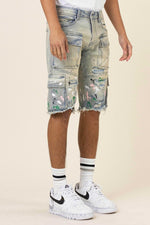 First Row Hand Painted Multi Cargo Denim Shorts