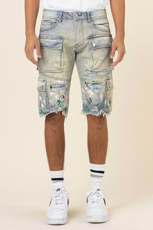 First Row Hand Painted Multi Cargo Denim Shorts