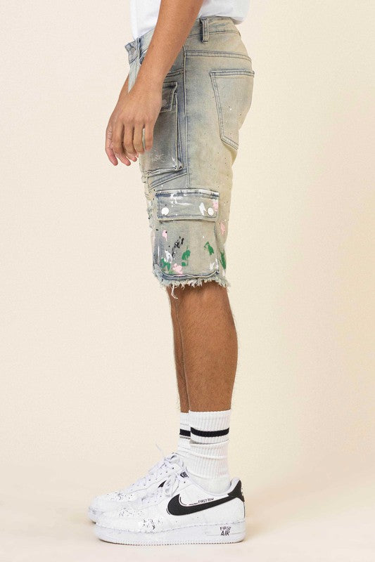 First Row Hand Painted Multi Cargo Denim Shorts