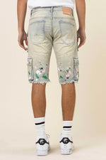 First Row Hand Painted Multi Cargo Denim Shorts