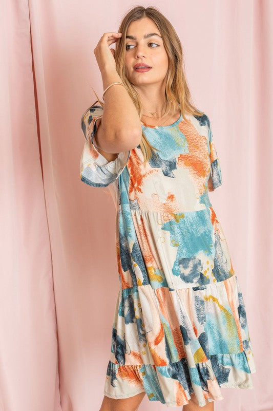 Tie Dye Ruffle Triple Tiered Midi Dress