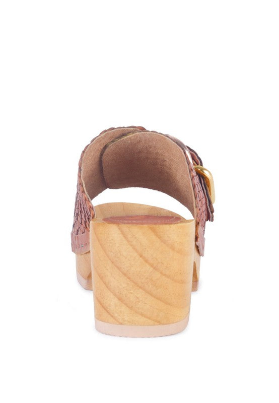 BRAIDED LEATHER BUCKLED SLIDE CLOGS