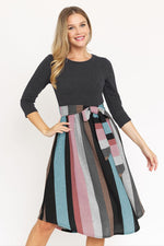 Quarter Sleeve Stripe Sash Midi Dress