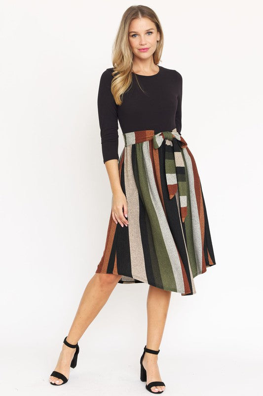 Quarter Sleeve Stripe Sash Midi Dress