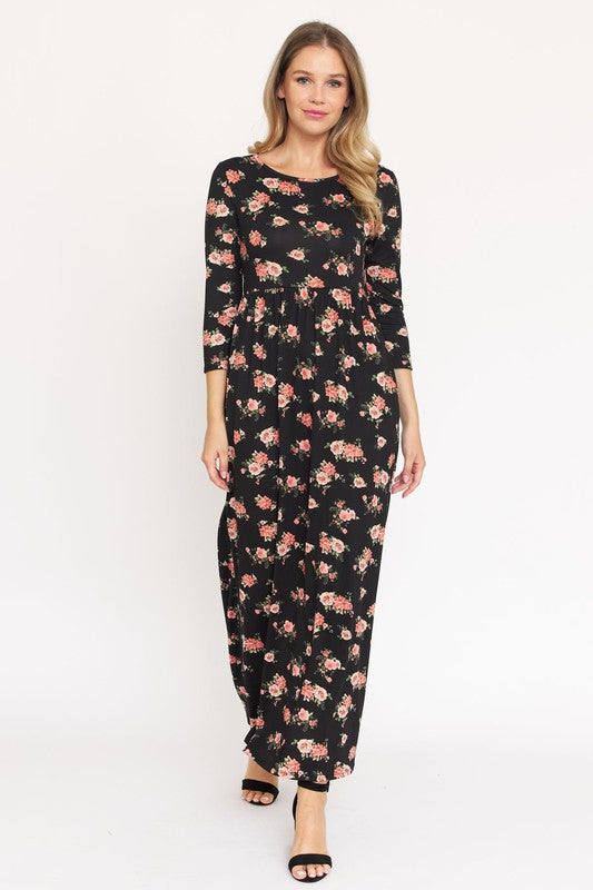 Bouquet Floral Quarter Sleeve Maxi Dress