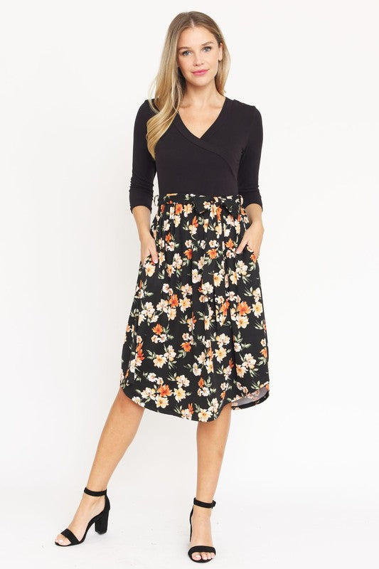 Surplice Floral Sash Midi Dress