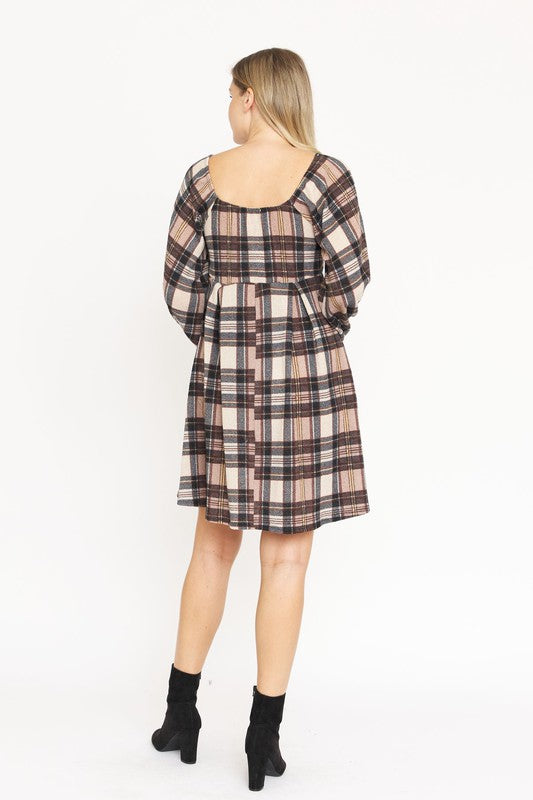 Plaid Balloon Sleeve Midi Dress