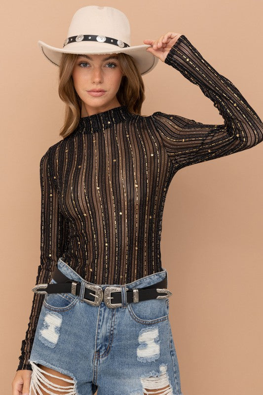 Metallic Star Stripe Mesh Mock NeckTop