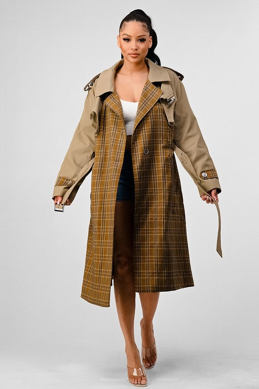 Athina Plaid And Khaki Contrast Trench Coat