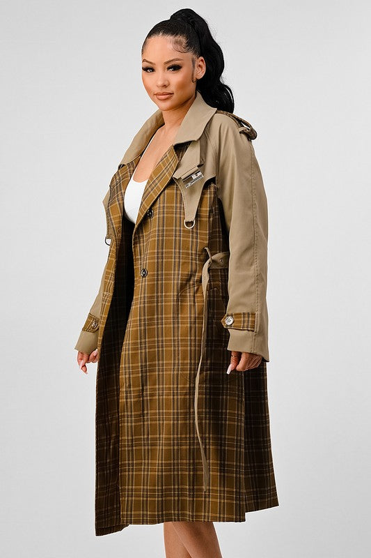 Athina Plaid And Khaki Contrast Trench Coat