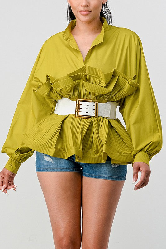 Athina Pleated Ruffle Waist Belt Long Blouse