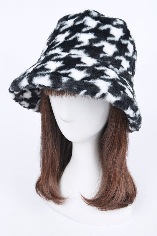 Houndstooth Print Faux Fur Bucket Hat