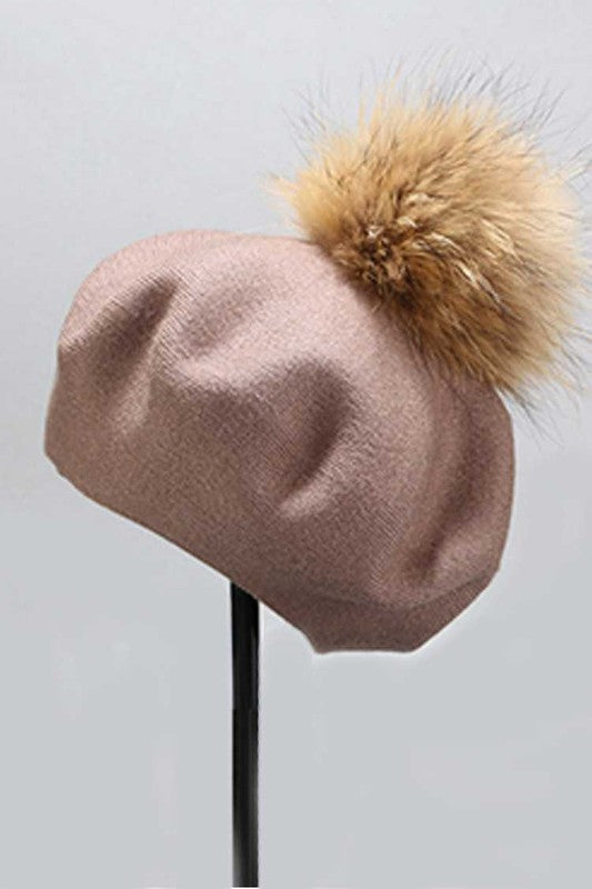 Genuine Fur Pom Cashmere Beret