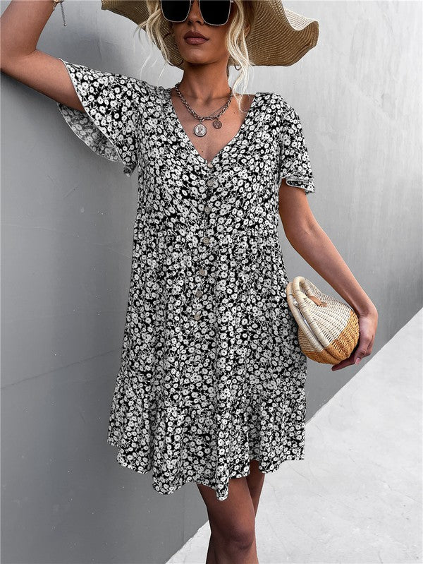 Women's Floral Short Sleeve V Neck Midi Length Dress