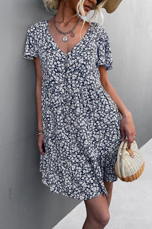 Women's Floral Short Sleeve V Neck Midi Length Dress