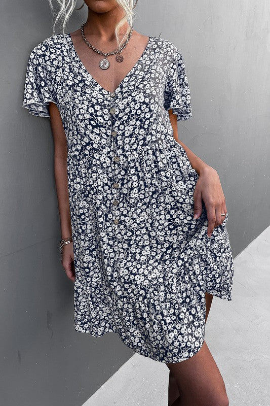 Women's Floral Short Sleeve V Neck Midi Length Dress