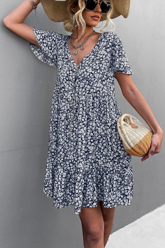 Women's Floral Short Sleeve V Neck Midi Length Dress