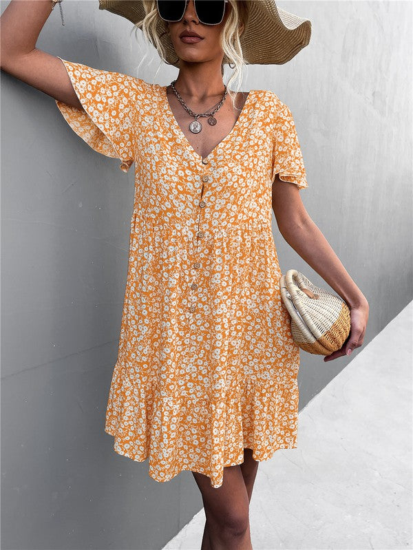 Women's Floral Short Sleeve V Neck Midi Length Dress