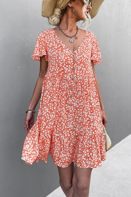 Women's Floral Short Sleeve V Neck Midi Length Dress