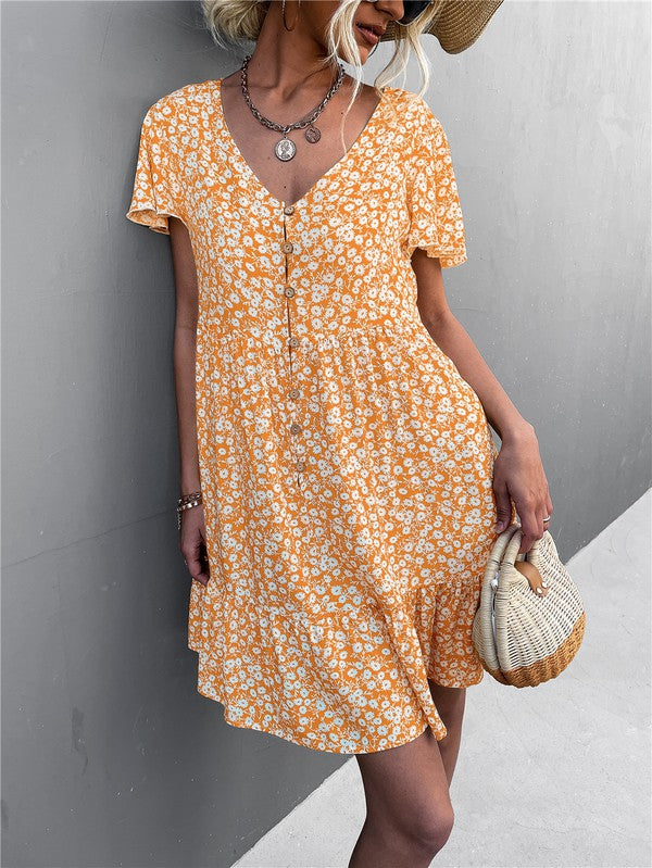 Women's Floral Short Sleeve V Neck Midi Length Dress