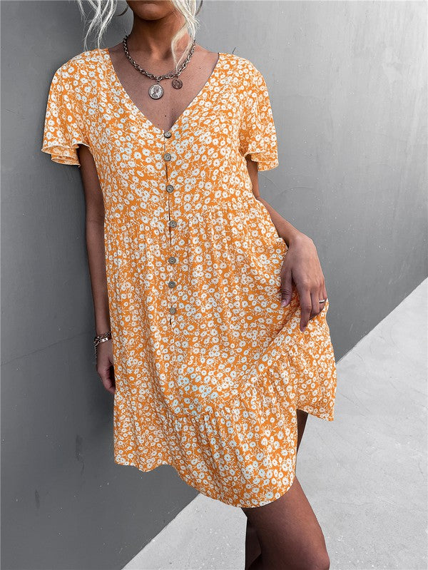 Women's Floral Short Sleeve V Neck Midi Length Dress