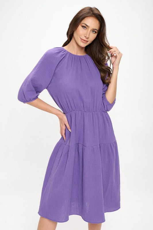 Cotton 3/4 Sleeve Tiered Midi Dress