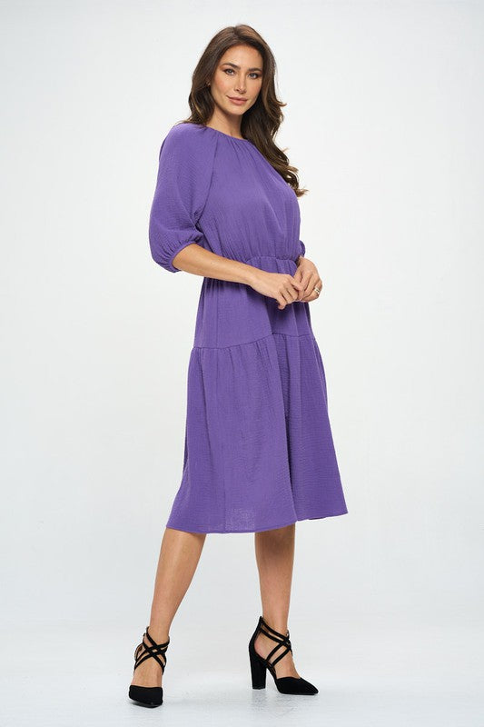 Cotton 3/4 Sleeve Tiered Midi Dress