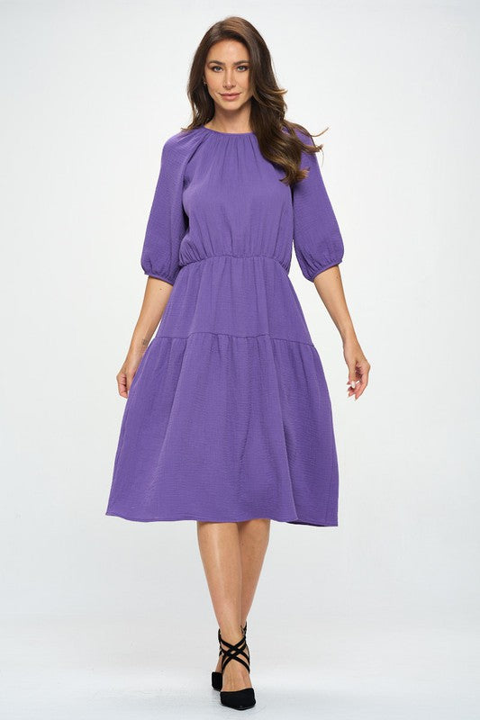 Cotton 3/4 Sleeve Tiered Midi Dress