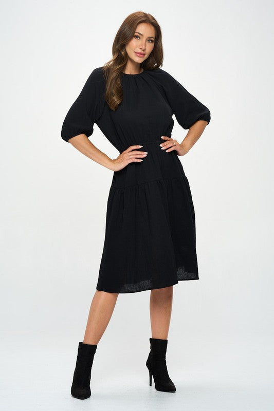 Cotton 3/4 Sleeve Tiered Midi Dress