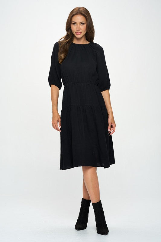 Cotton 3/4 Sleeve Tiered Midi Dress